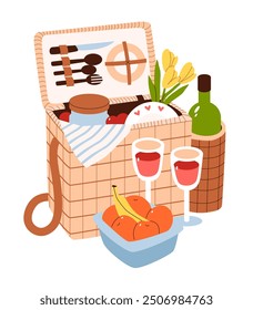 Wicker picnic basket with a bouquet and a bottle of wine. Romantic lunch in nature. Flat vector illustration.