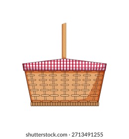 Cesta de picnic de mimbre con asa trenzada marrón y un paño de jengibre a cuadros rojo y blanco asomando desde la parte superior, ideal para comidas al aire libre y salidas de verano