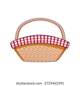 Wicker picnic basket featuring a red and white checkered fabric lining, designed for carrying food and essentials for a relaxing day outdoors or a delightful summer excursion