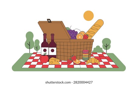 Wicker picnic basket filled with baguettes and wine sits on a red checkered blanket surrounded by sweet treats.