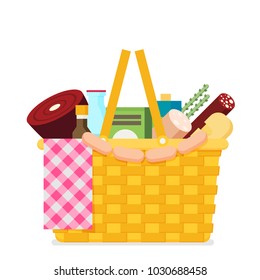 Wicker picnic basket. Flat vector