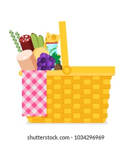 Wicker picnic basket. Flat vector