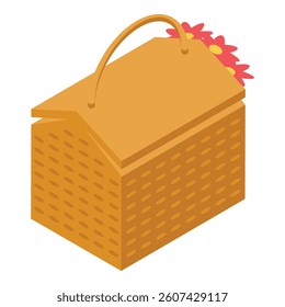 Wicker picnic basket with flowers is depicted in an isometric view, perfect for illustrations related to outdoor dining