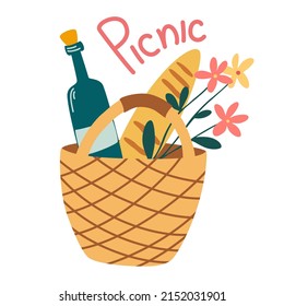 Wicker Picnic Basket. Food in wicker crate. Wine, juice bottle, cheese, fruits, bread sticks and baguette. Lunch, dining in park. Hand drawn vector illustration 