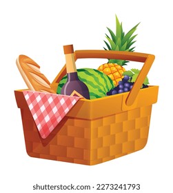 Wicker picnic basket with food and drink cartoon illustration