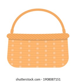 Wicker picnic basket for food and drinks. Woven willow basket with handle isolated on white background. Vector flat cartoon illustration.