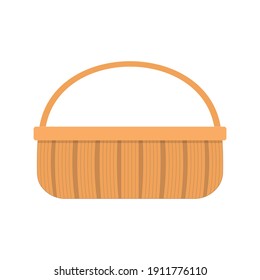 Wicker picnic basket for food and drinks. Woven willow hamper with one handle isolated on white background. Vector flat cartoon illustration.