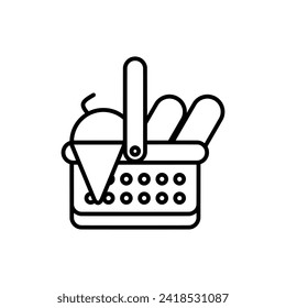 Wicker picnic basket with food in outline flat icon. Summer vacation element graphic resources for many purposes.