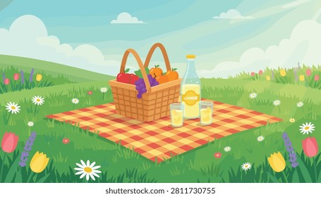 Wicker picnic basket full of fresh fruits sits on a red checkered blanket in a wildflower field in summer.