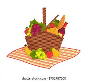 Wicker picnic basket full of healthy food on picnic blanket. Bottle of wine, apple, pear, cheese, baguette, grapes, tomato, salad. Vector illustration in flat style. Family outdoor activity