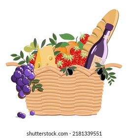 Wicker picnic basket with groceries, wine,loaf,cheese,grapes,olives,strawberries,tangerines.Vector illustration.