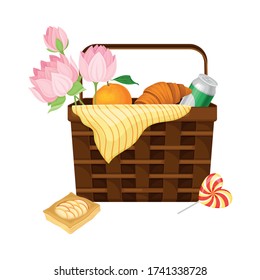 Cesta de picnic de mimbre u obturador lleno de imágenes vectoriales de productos alimenticios