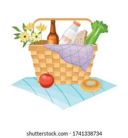 Cesta de picnic de mimbre u obturador lleno de imágenes vectoriales de productos alimenticios