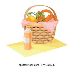 Wicker Picnic Basket or Hamper Full with Foodstuff Vector Illustration