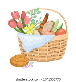 Wicker Picnic Basket oder Hamper Voll mit Foodstuff Vector Illustration