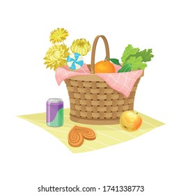 Wicker Picnic Basket oder Hamper gefüllt mit Foodstuff Reston Overlay Vector Illustration