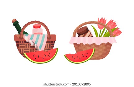 Wicker Picnic Basket oder Hamper Voll mit Foodstuff Vector Set
