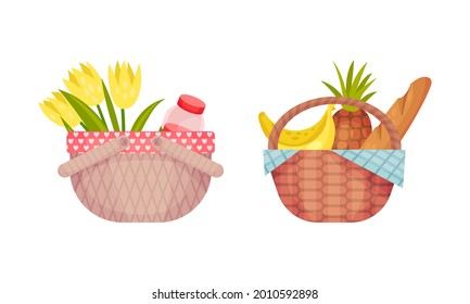 Wicker Picnic Basket or Hamper Full with Foodstuff Vector Set