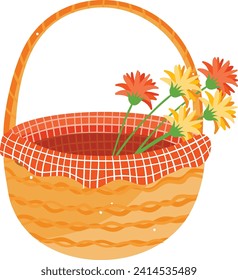 Cesta de picnic de mimbre con flores naranjas. Cesta de picnic abierto vacío y colorida ilustración vectorial de gerbera daisies.