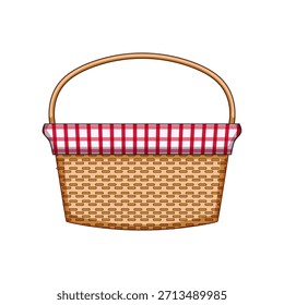 Wicker picnic basket presenting a classic checkered red and white cloth, featuring a sturdy handle and traditional woven texture, ready for outdoor meals and leisure activities