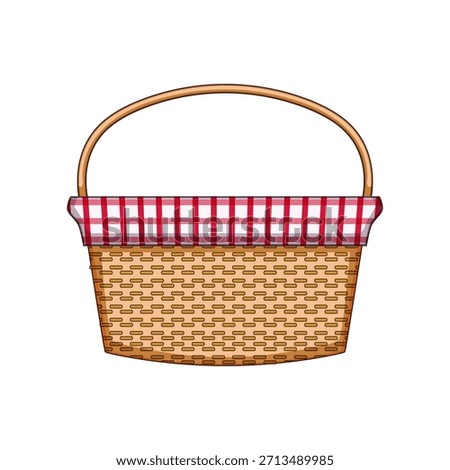Wicker picnic basket presenting a classic checkered red and white cloth, featuring a sturdy handle and traditional woven texture, ready for outdoor meals and leisure activities