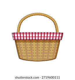 Cesta de picnic de mimbre con forro y mango de jengibre rojo y blanco, aislado en blanco, evoca el comedor al aire libre, el Ocio de verano, el ocio del parque, el contenedor de comida rústica y el ícono de picnic