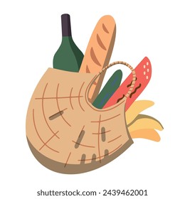 WIcker picnic basket vector illustration. Opened food hamper bag vector illustration.