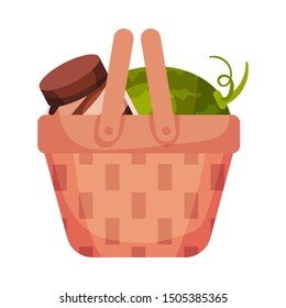Wicker picnic basket with watermelon. Vector illustration on a white background.