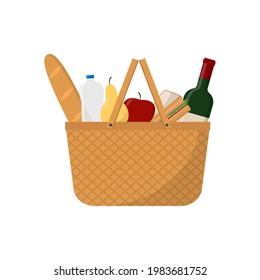 Wicker picnic basket with wine, sandwich, apple, pear, french bread and water bottle. Flat vector illustration isolated on white background