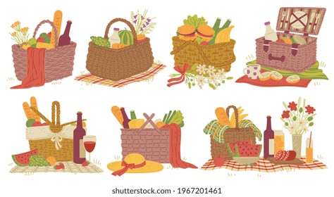 Wicker picnic baskets with fresh food for lunch on tablecloth. Straw containers full fruits and vegetables, drinks and bread, cheese and meat products. Set of vector illustrations.