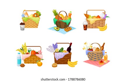 Wicker Picnic Baskets and Hampers Full with Foodstuff Vector Set