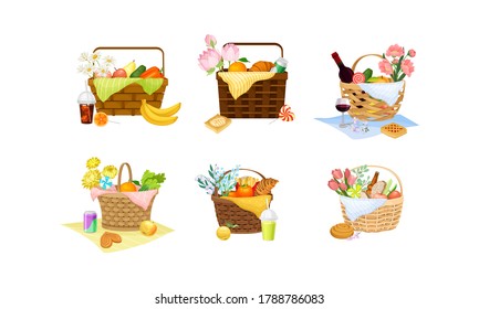 Wicker Picnic Baskets and Hampers Full with Foodstuff Vector Set
