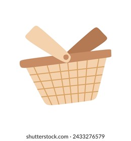 Wicker Picnic Empty Basket, Camping Cartoon Icon Symbol. Vector Flat Illustration Isolated on white. Container for Carrying Food, Vacation Concept. Summer Design Element for Poster, Banner, Card.