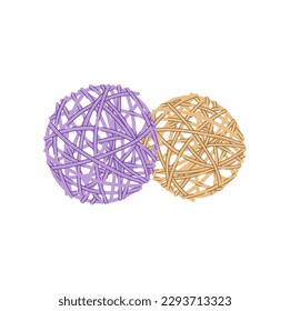 Wicker rattan balls, table and wedding party decoration. Vector sepak ball of lilac lavender and beige color, takraw handmade wicker decorative element