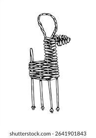 Wicker reindeer figurine black and white vector illustration. Scandinavian Yule traditions. Xmas deer, wooden animal graphic sketch for Nordic holiday decor, nature festive design