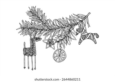 Wicker reindeer figurine black and white vector illustration. Scandinavian Yule traditions. Xmas deer, wooden animal graphic sketch for Nordic holiday decor, nature festive design