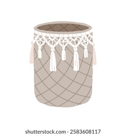 Wicker rope basket, interior storage container with boho style macrame decoration, tassels. Modern home woven basketwork from natural tissue. Flat vector illustration isolated on white background