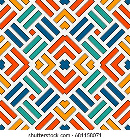 Wicker seamless pattern. Basket weave motif. Bright colors geometric abstract background with overlapping stripes. Braiding ornamental wallpaper. Digital paper, textile print. Vector illustration