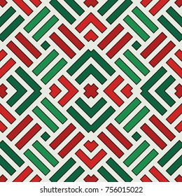 Wicker seamless pattern. Basket weave motif. Christmas traditional colors geometric abstract background with overlapping stripes. Braiding ornamental wallpaper. Digital paper, textile print.
