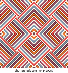 Wicker seamless pattern with geometric ornament. Vivid colors abstract background with overlapping stripes. Fish scale motif. Striped digital paper, textile print, page fill. Vector art