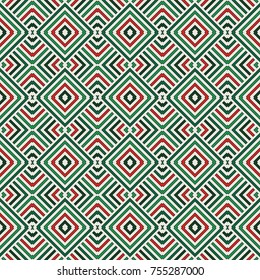 Wicker seamless pattern with geometric ornament. Christmas traditional colors abstract background with overlapping stripes. Fish scale motif. Striped digital paper, textile print. Vector art