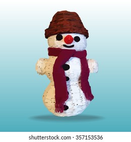 Wicker snowman in hat and scarf isolated on a light blue gradient background.