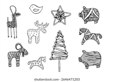 Animais de vime e palha ilustração vetorial clip art pintado por tintas pretas. Escandinávia Yule tradicional alce, porco, veado, caprino clip art. Xmas brinquedos de madeira esboço gráfico para a decoração de férias nórdica.