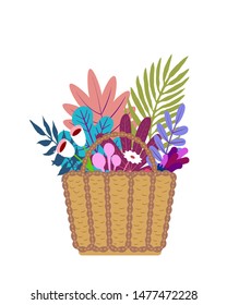 Wicker straw bag basket with leaves, herbs and flowers in a simplified flat trendy style. Vector illustration isolated on a white background.