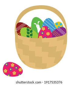 Wicker straw basket filled with colored Easter eggs. Cartoon style. Vector stock illustration isolated on white background.