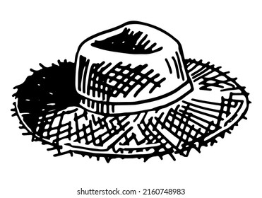 Wicker straw hat sketch clipart  Summer head accessory doodle isolated white  Hand drawn vector illustration in engraving style 