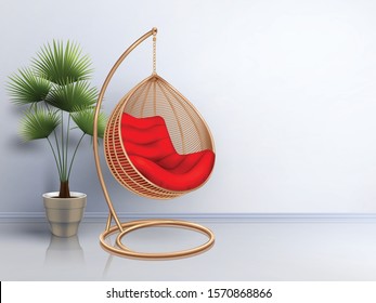 Wicker swing chair with plant interior realistic composition with shadows and glossy floor with bright wall vector illustration