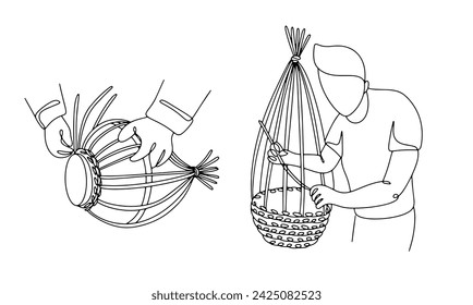 A wicker weaver weaves a basket. Step by step work on creating a basket from twigs. International Craft Day. Vector. Images produced without the use of any form of AI software at any stage. 