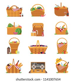 Wicker and willow picnic baskets isolated on white. Various weaving hampers in flat design. Straw picnic basket icon set with wine, bread, fruits and vegetables.