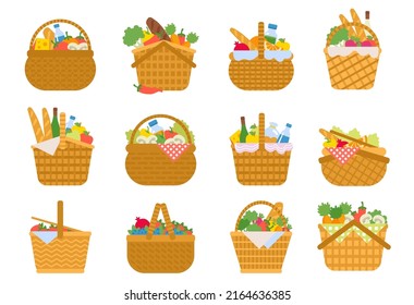 Wicker and willow picnic baskets set. Weaving hampers, straw picnic basket icon set with wine, bread, fruits and vegetables for meal outdoors. Flat vector illustration